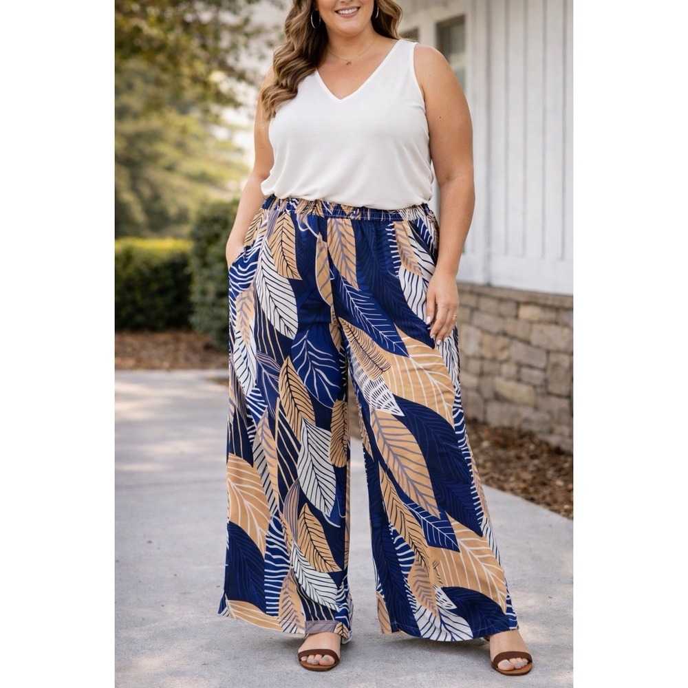 La Reyna Leaf Print Wide Leg Pants 2X Elastic Waist Navy Tan‎ Palazzo